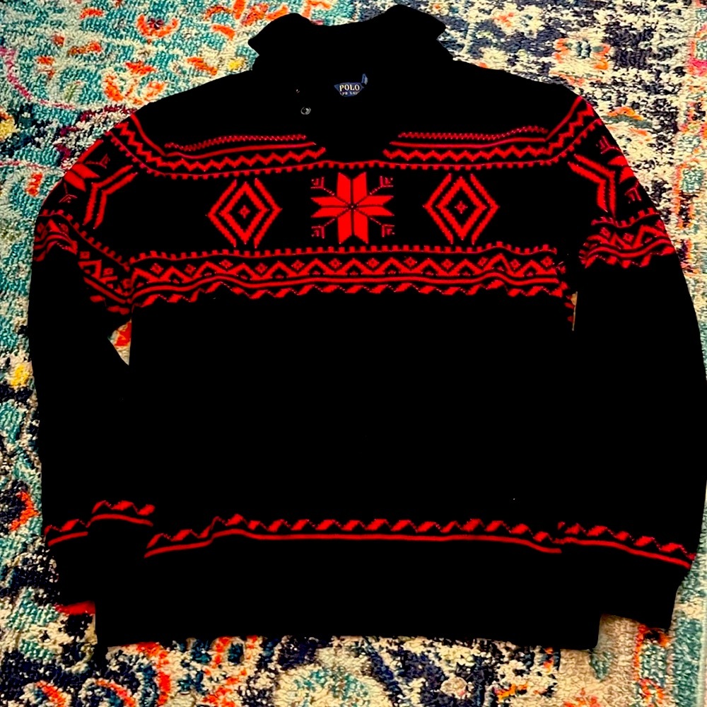 Polo Ralph Lauren Shawl Collar Fair Isle Black and Red Sweater Size XXL